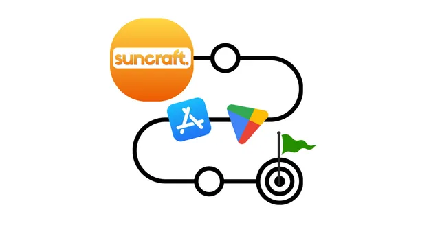 A winding path leading from the Suncraft logo past the App Store and Google Play icons to a target with a flag in it