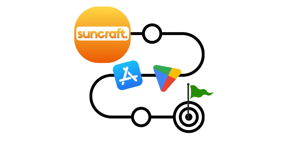 A winding path leading from the Suncraft logo past the App Store and Google Play icons to a target with a flag in it