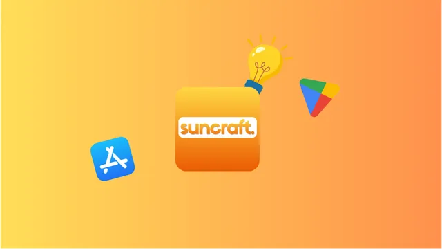 The Suncraft app icon on an orange gradient, with a lightbulb above it and the App Store and Google Play icons on either side