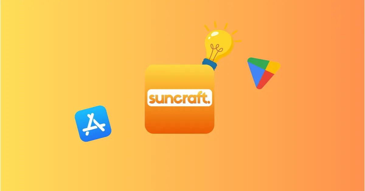 The Suncraft app icon on an orange gradient, with a lightbulb above it and the App Store and Google Play icons on either side