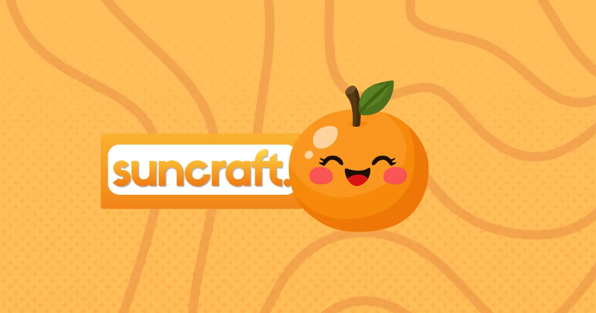 The Suncraft logo on a warm orange background beside the studio mascot, a smiling cartoon orange