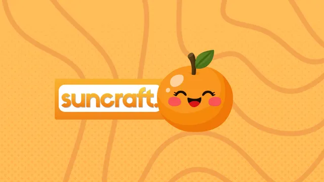 The Suncraft logo on a warm orange background beside the studio mascot, a smiling cartoon orange