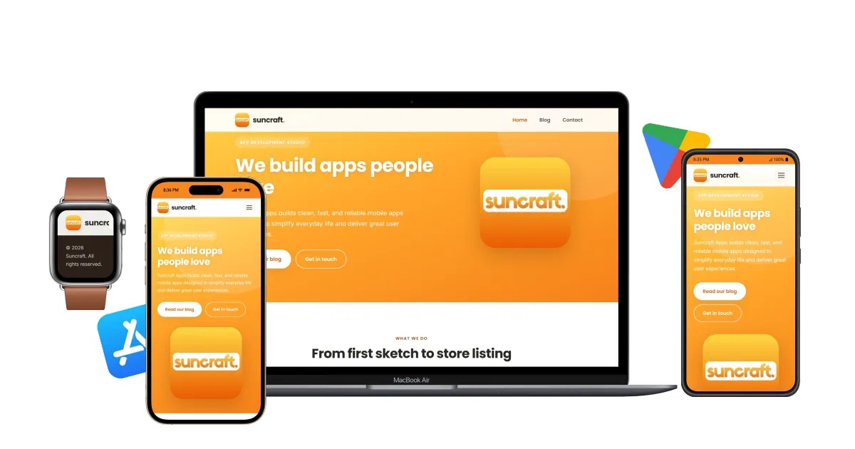 The Suncraft website shown across a laptop, two phones and a watch, surrounded by app store and social media icons