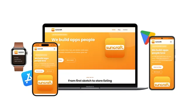 The Suncraft website shown across a laptop, two phones and a watch, surrounded by app store and social media icons