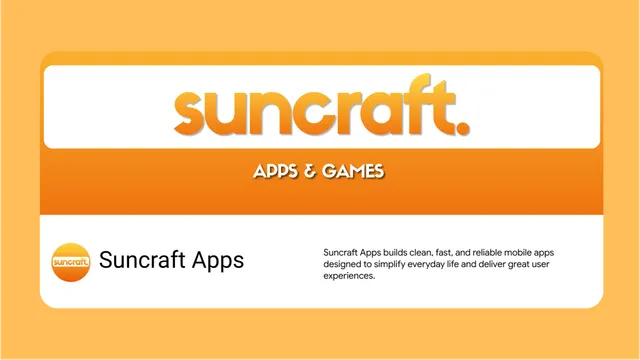 A Suncraft Apps brand card reading "suncraft. Apps & Games", with the studio name and a short description of what it builds